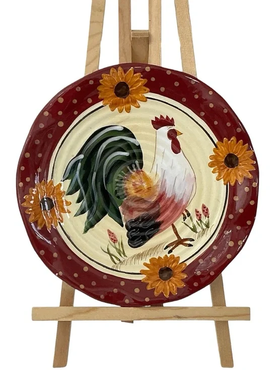 Hand Painted Rooster Sunflowers Decorative Plate Red Cream Yellow Vintage 1990 - Picture 15 of 15
